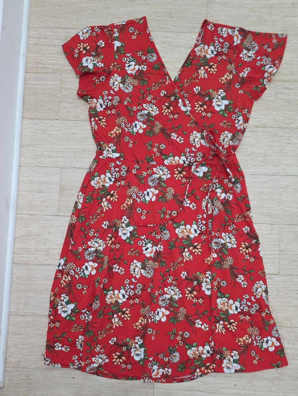 Kaileigh Red Floral Faux Wrap Dress with Tie Waist